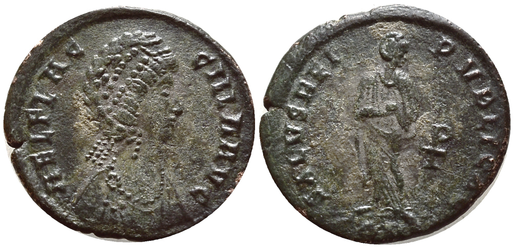 Римская Империя майорина 383 Элия Флацилла, жена Феодосия I SALVS REIPVBLICAE Константинополь Good Very fine RIC 82 бронза 270-145