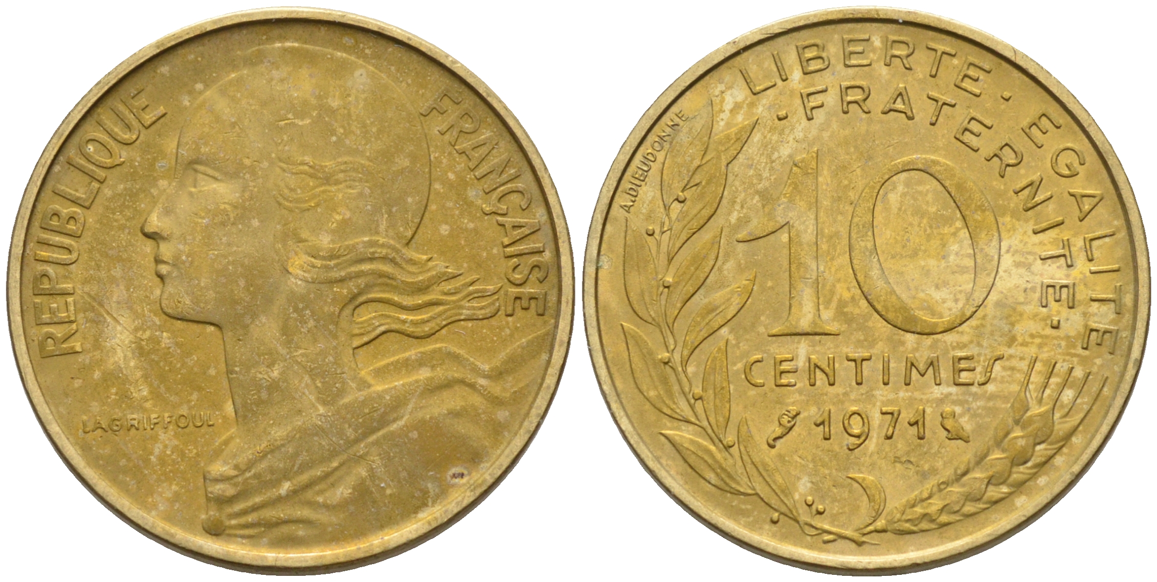 Франция 10 сантимов 1971 тип Марианна KM 929 медь алюминий никель 4594-1159