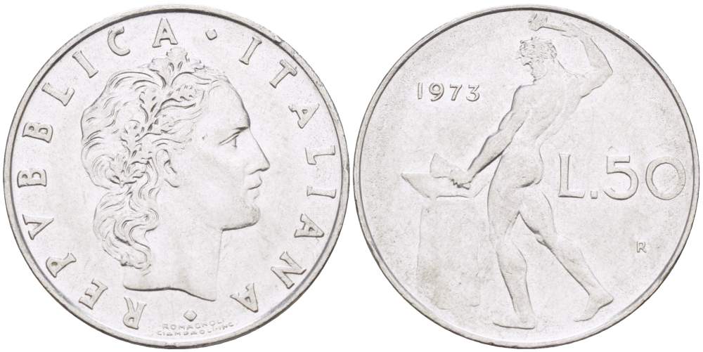 ИТАЛИЯ 50 ЛИР 1973 R, КУЗНЕЦ KM 95.1 нержавеющая сталь 4523-652