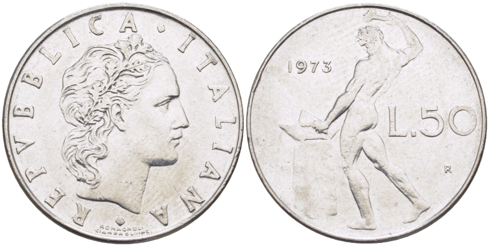 ИТАЛИЯ 50 ЛИР 1973 R, КУЗНЕЦ KM 95.1 нержавеющая сталь 87-1257