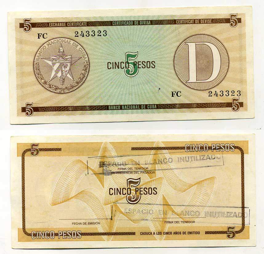 Куба, валютный сертификат 5 песо ND серия D, желтая, второй выпуск Pick FX 34 бумага aUNC 444-39-3-2