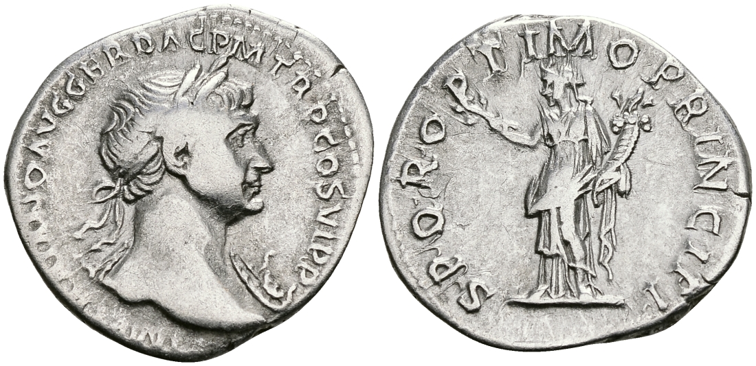 Римская Империя денарий 112 - 114 Траян SPQR OPTIMO PRINCIPI Фелицитата, персонификация Счастья Рим Very fine RIC 271 серебро 1073-4-1-4