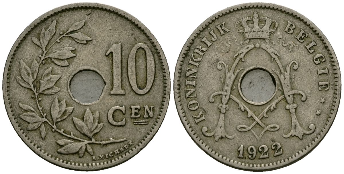 Бельгия 10 сантимов 1922 Belgie KM 86 медно-никель 4172-636