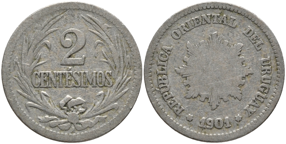 УРУГВАЙ 2 СЕНТЕСИМО 1901 KM 20 медно-никель 72-1142