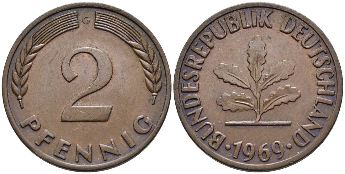 ФРГ 2 ПФЕННИГА 1969 G KM 106a, Jager 381a сталь плакированная сталь плакированная медьюю 4546-956