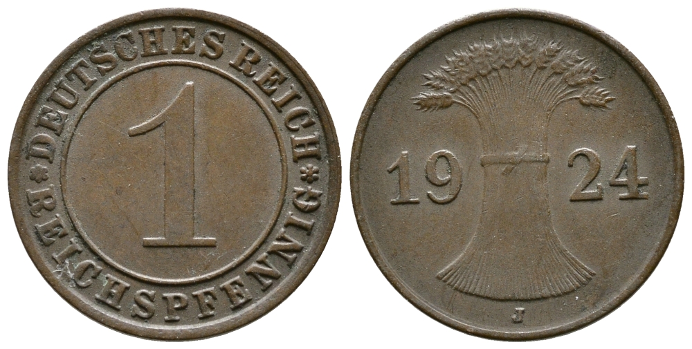 ГЕРМАНИЯ 1 РЕЙХСПФЕННИГ 1924 J KM 37, J.313 бронза 4380-1068