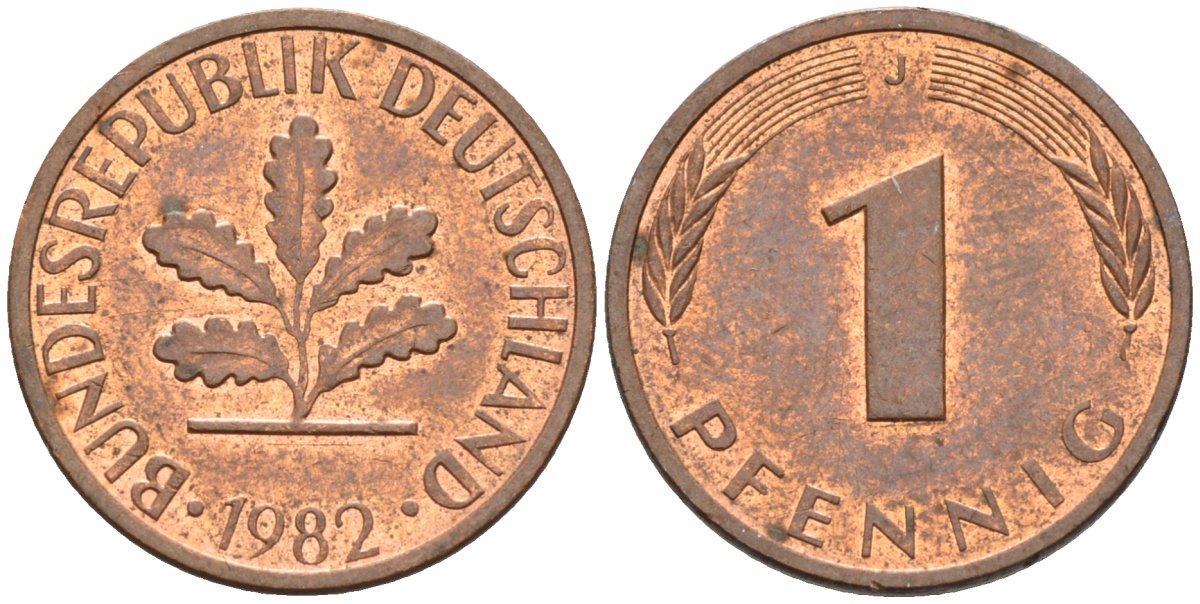 ФРГ 1 пфенниг 1982 J KM 105, J. 380 сталь плакированная медью 4585-766