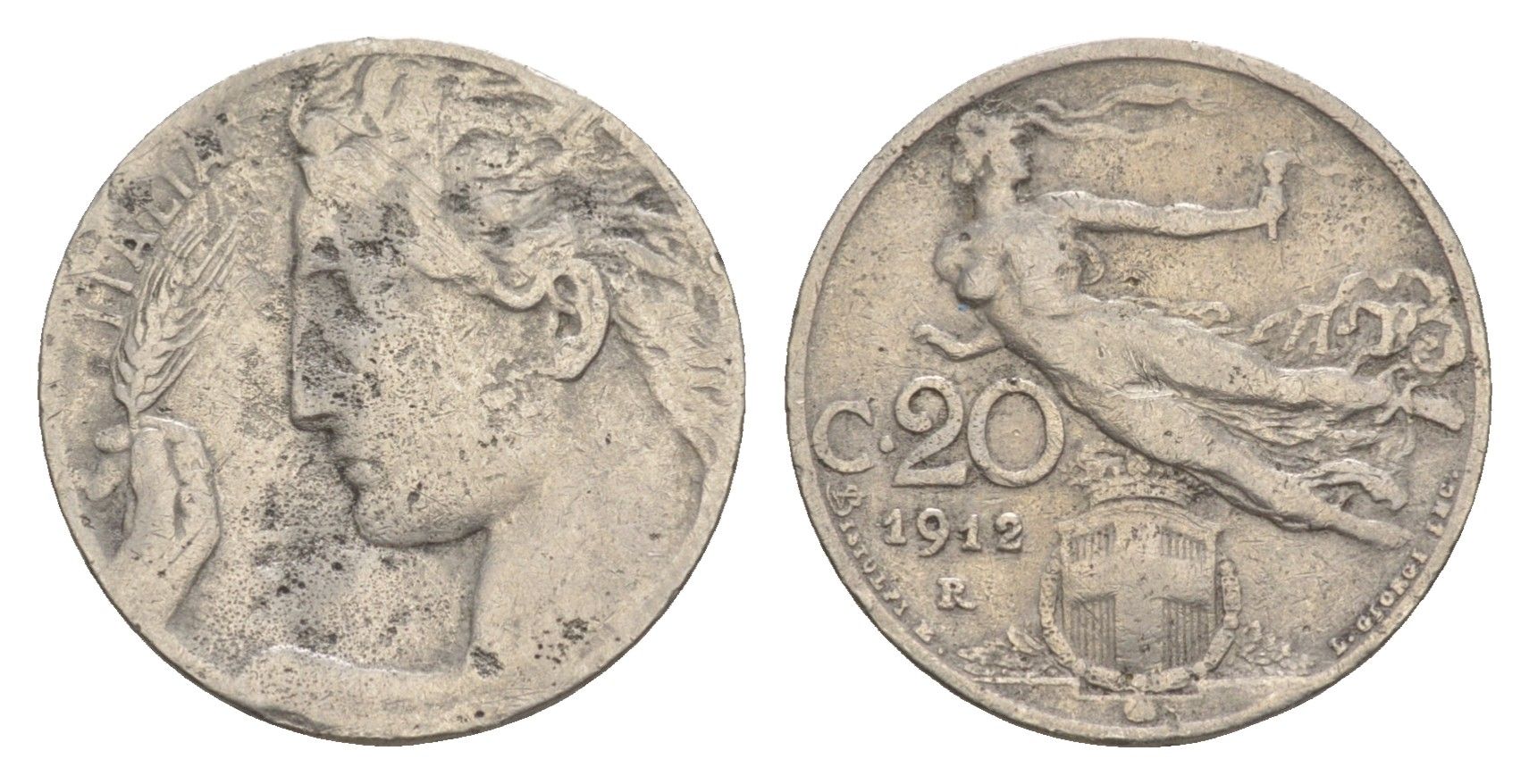 Италия 20 чентезимо 1912 R, Виктор Эммануил III (1900-1946) KM 44 никель 4547-918