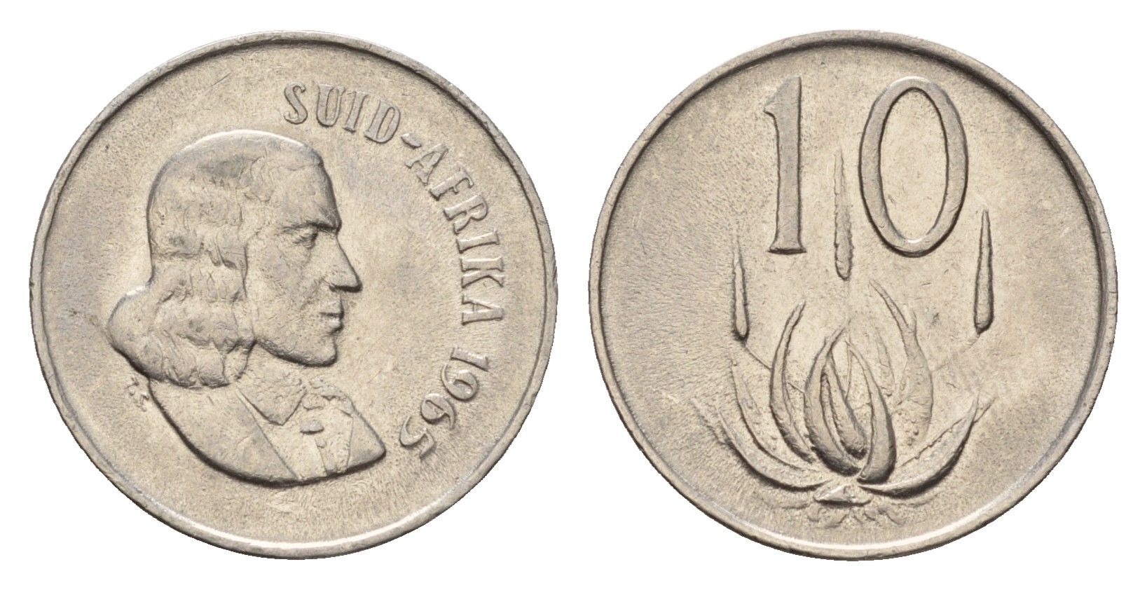 ЮАР 10 центов 1965 Ян ван Рибек (1619-1677), Suid Africa, легенда на африкаанс, цветок алоэ KM 68.2 медно-никель 4640-1162