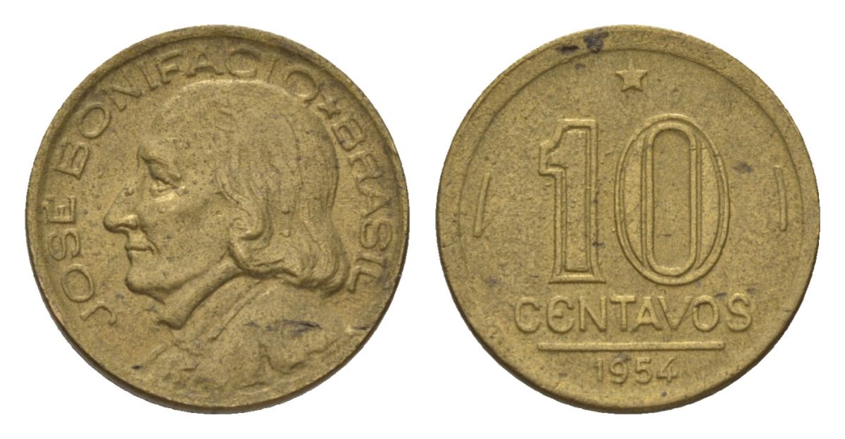Бразилия 10 сентаво 1954 Жозе Бонифасиу де Андрада и Силва KM 561 алюминиевая бронза 4625-925