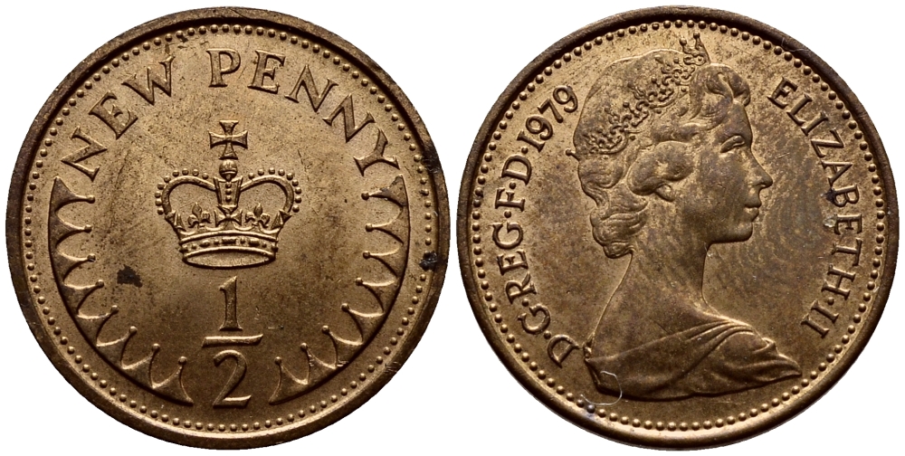 Великобритания 1/2 пенни 1979 Елизавета II (1952-2022) KM 914, Spink 4239 бронза 3458-221