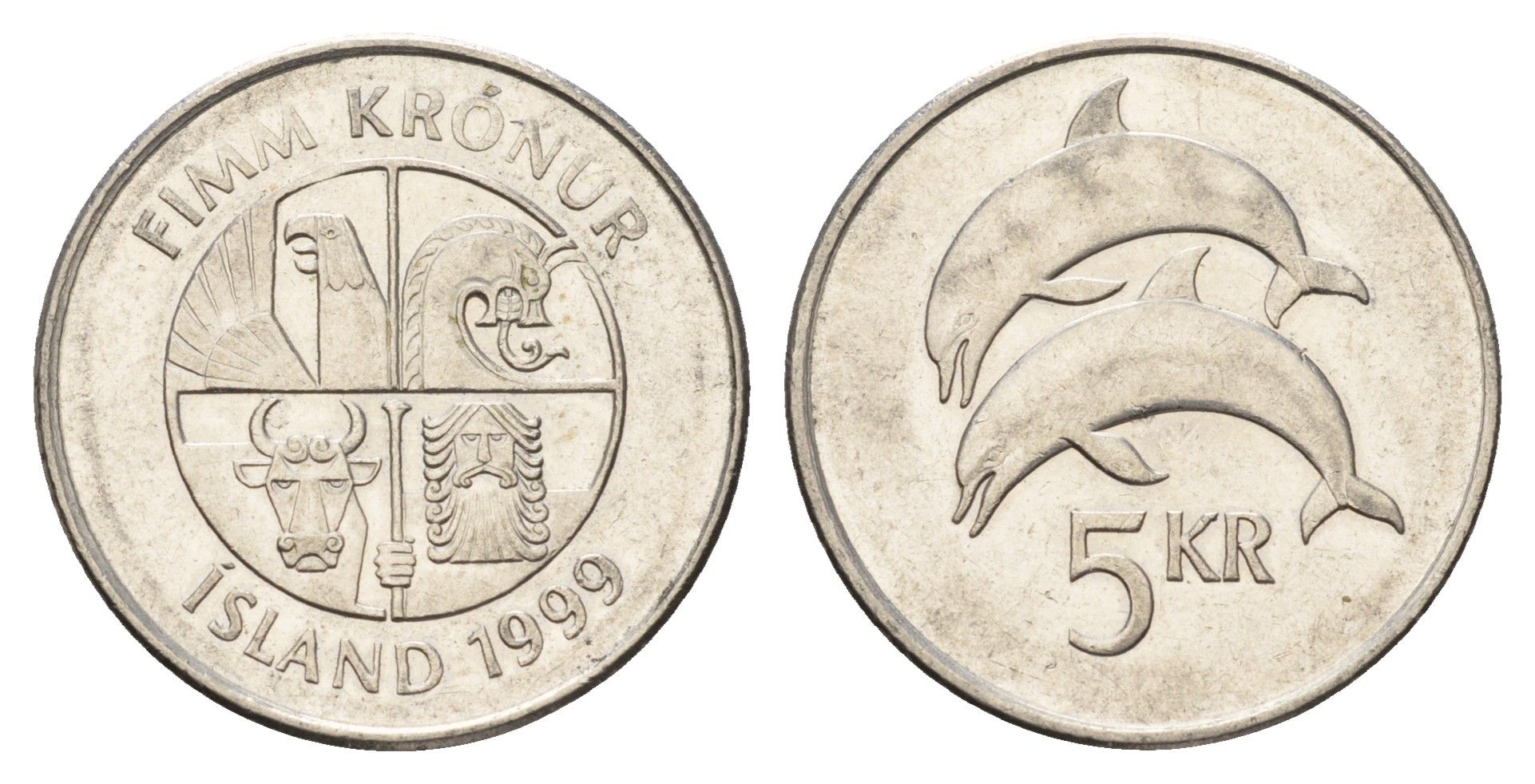 Исландия 5 крон 1999 дельфины KM 28a сталь плакированная никелем 4691-423