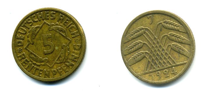 ГЕРМАНИЯ 5 РЕНТПФЕННИГОВ 1924 J J. 308, KM 32 алюминиевая бронза 46-2065