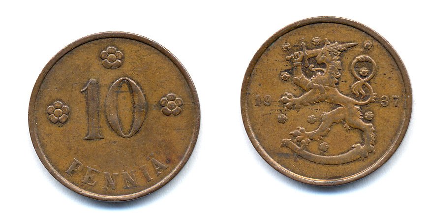 Финляндия 10 пенни 1937 KM 24 медь 51-5617