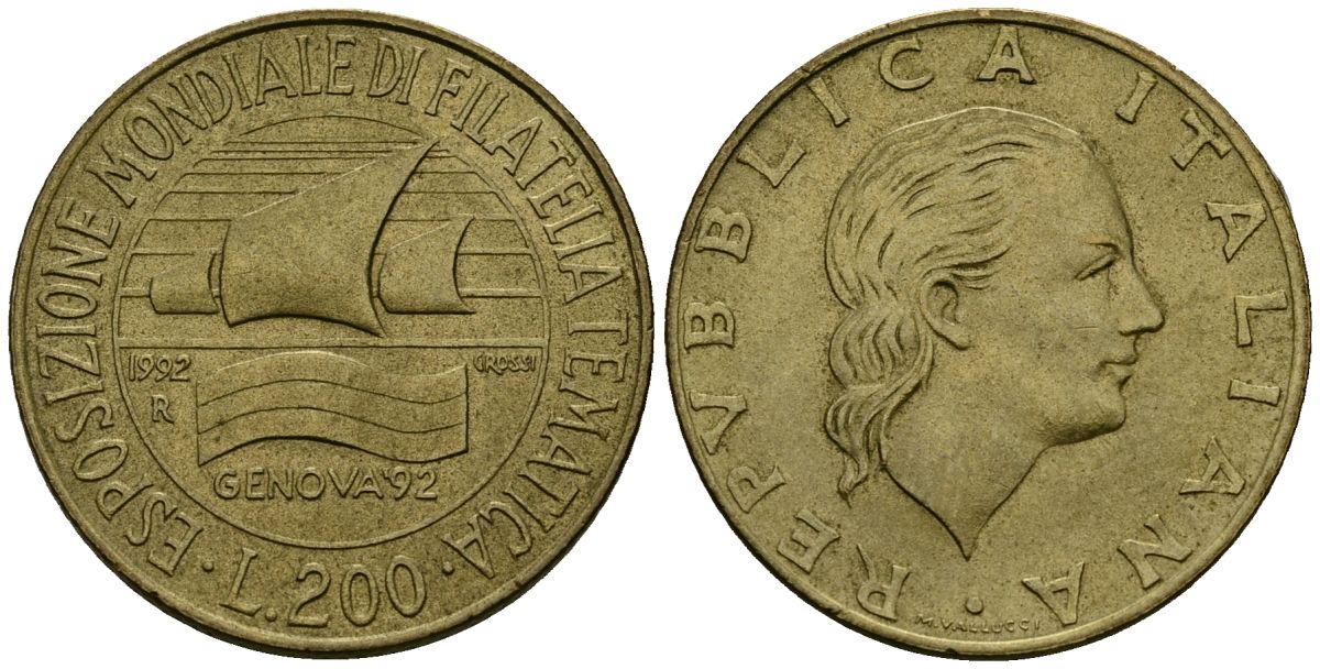 Италия 200 лир 1992 R, выставка филателии Генуя 1992 KM 151 алюминиевая бронза 4138-644