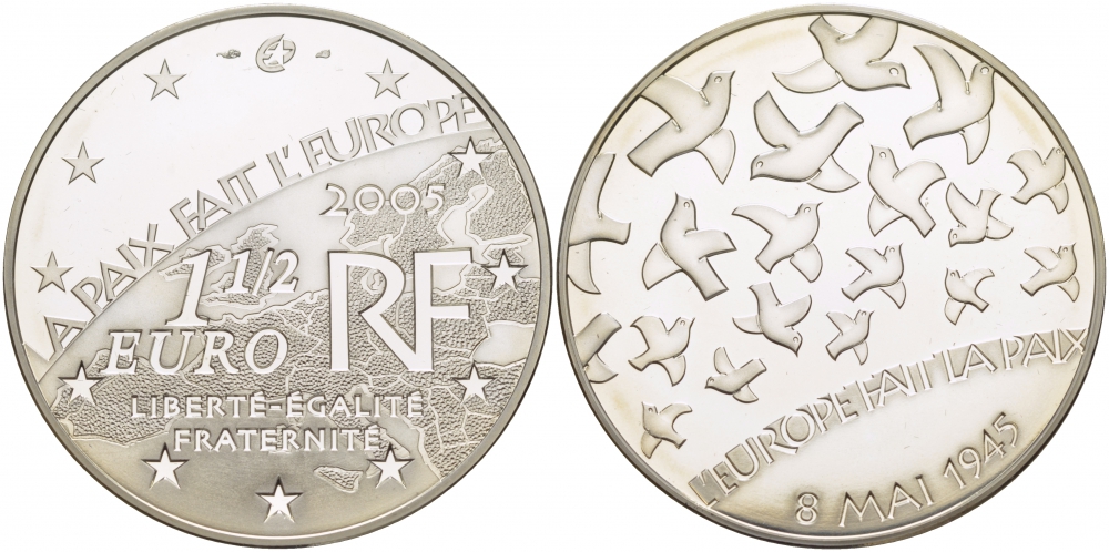 Франция 1 1/2 евро 2005 60 лет мира в Европе, голуби мира КМ 1441 серебро PROOF 05-086-31