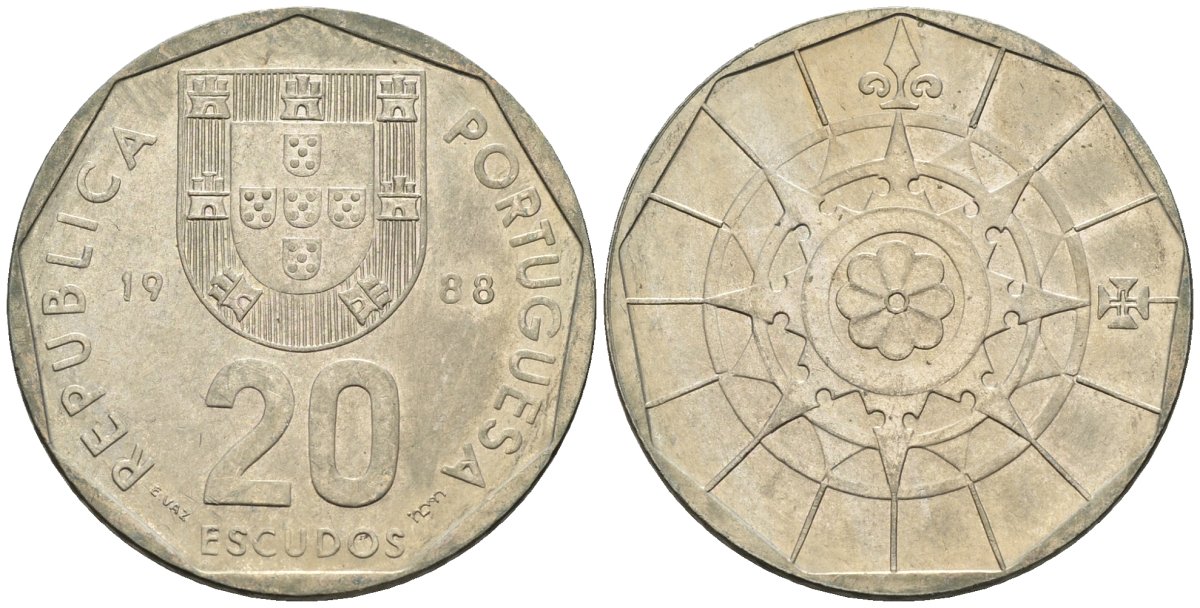 Португалия 20 эскудо 1988 KM 634 медно-никель 4148-526