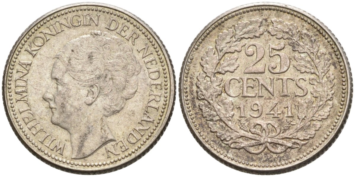 Нидерланды 25 центов 1941 Вильгельмина (1890-1948) KM 164 серебро 4576-753