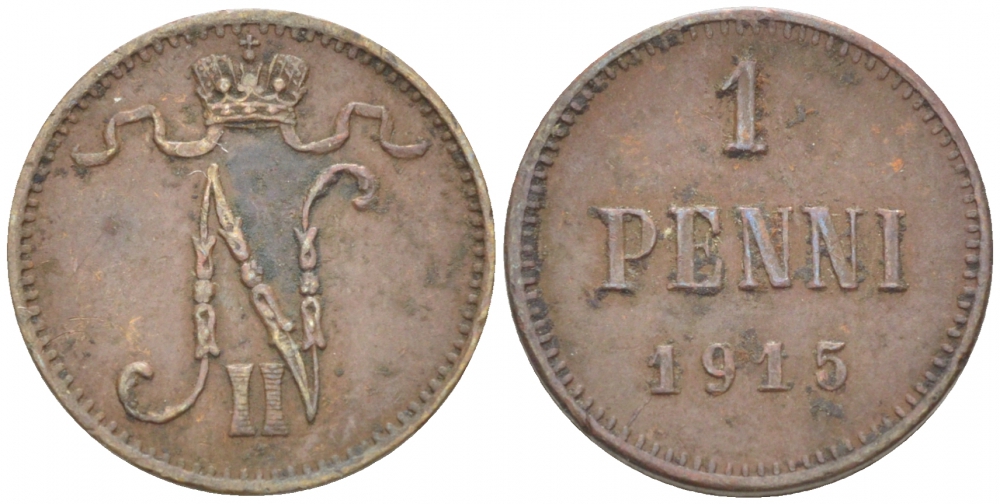 РОССИЯ ДЛЯ ФИНЛЯНДИИ 1 ПЕННИ 1915 НИКОЛАЙ II KM 13, Биткин 475 медь 4396-1461