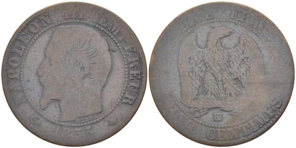Франция 5 сантимов 1855 BB, Наполеон III (1852-1870) KM 777.3, LE FRANC 116.20 бронза 217-212