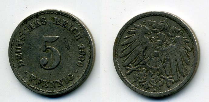 ГЕРМАНИЯ 5 ПФЕННИГОВ 1900 A, KM 11, J. 12 медно-никель 58-544