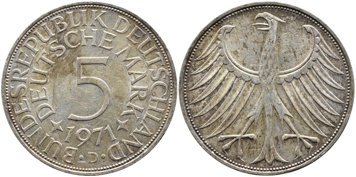 ФРГ 5 МАРОК 1971 D, KM 112.1, J. 387 серебро 1529-324