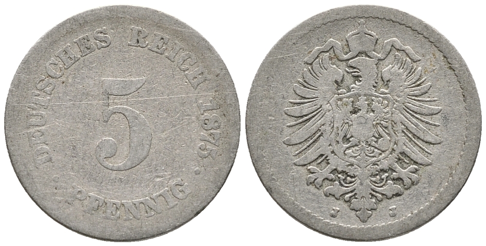 ГЕРМАНИЯ 5 ПФЕННИГОВ 1875 J, СТАРОГЕРБОВКА KM 3, J. 3 медно-никель 39-356