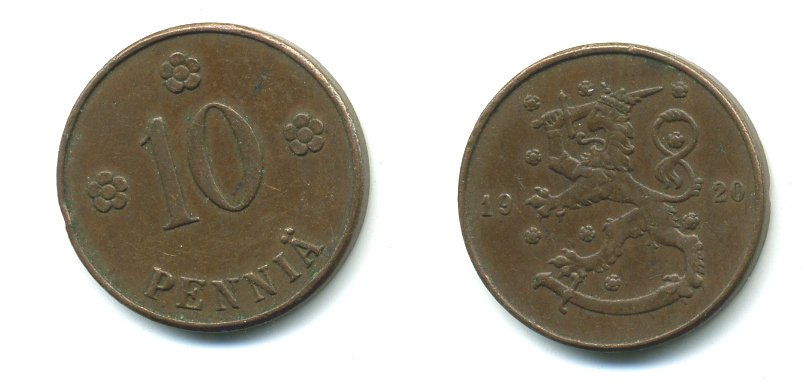 Финляндия 10 пенни 1920 республика (1918-1962) KM 24 медь 37-1252