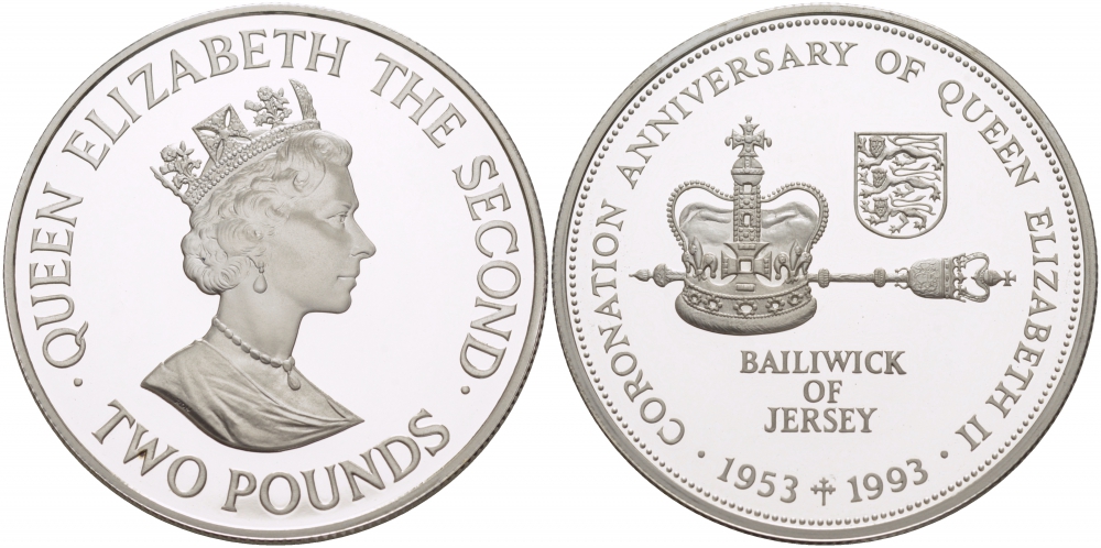 ДЖЕРСИ 2 ФУНТА 1993 40 ЛЕТ КОРОНАЦИИ ЕЛИЗАВЕТА II KM 89а серебро PROOF 1081-9-33