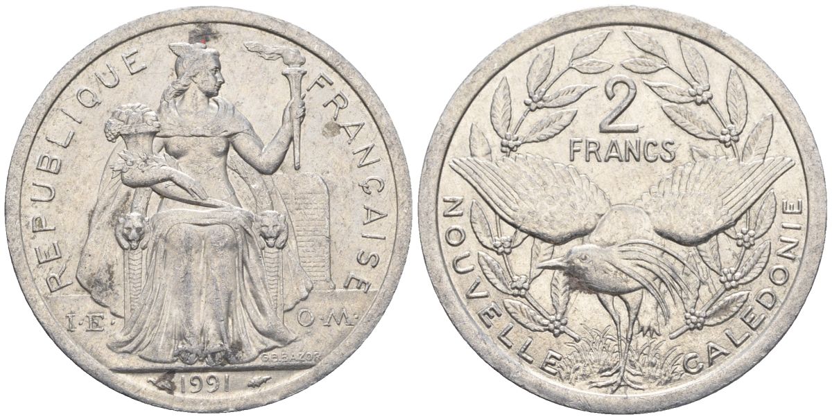 Французская Новая Каледония 2 франка 1991 птица кагу, (IEOM) KM 14, Schoen 11, Lec 67 алюминий    27-1225