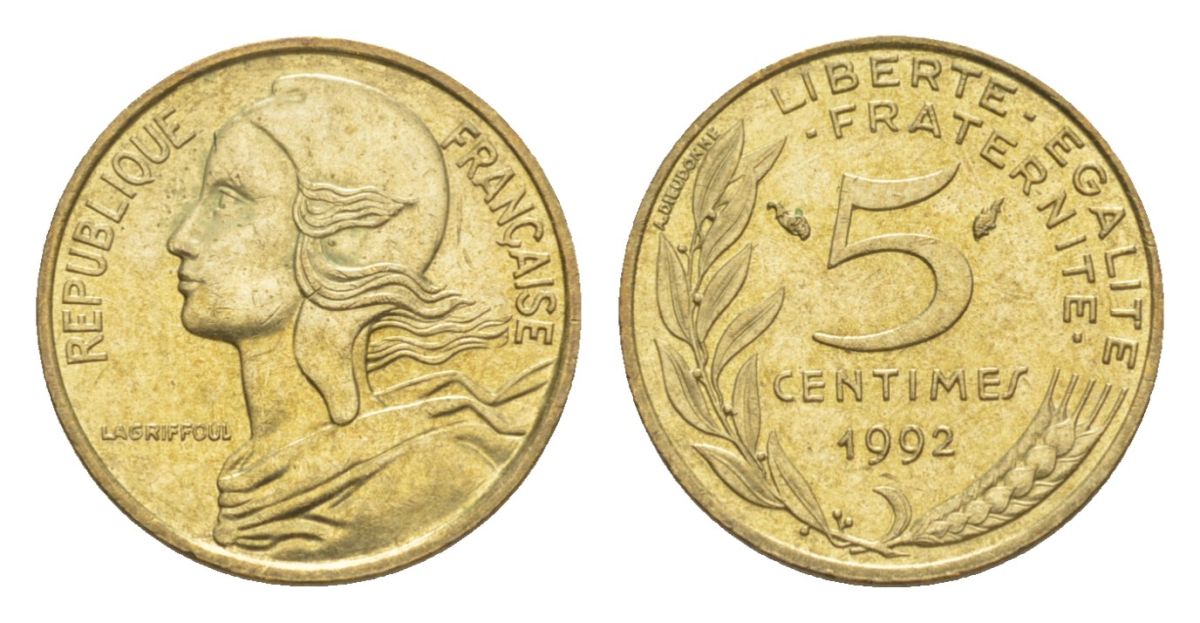Франция 5 сантимов 1992 тип Morlon KM 933, Le Franc 125.29 алюминиевая бронза 4630-346