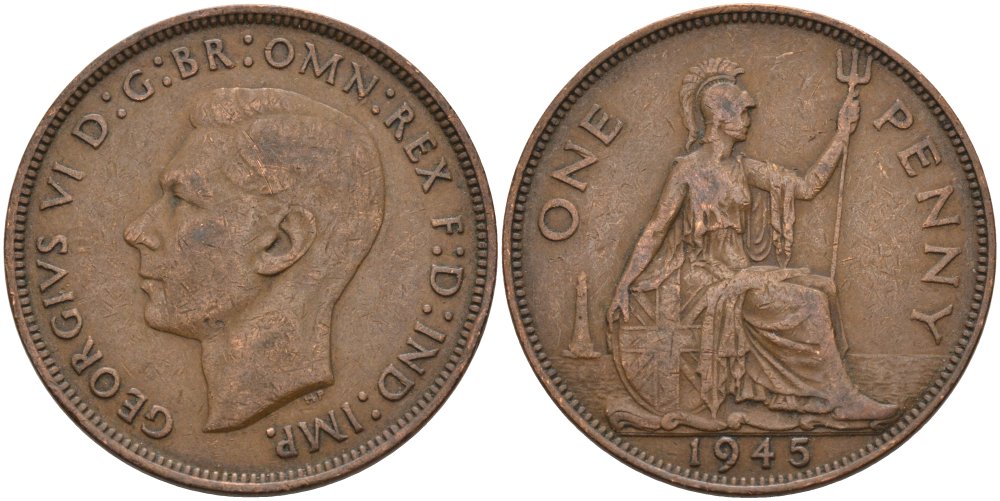 Великобритания 1 пенни 1945 Георг VI (1936-1952) KM 845, Spink 4114 бронза 4574-135
