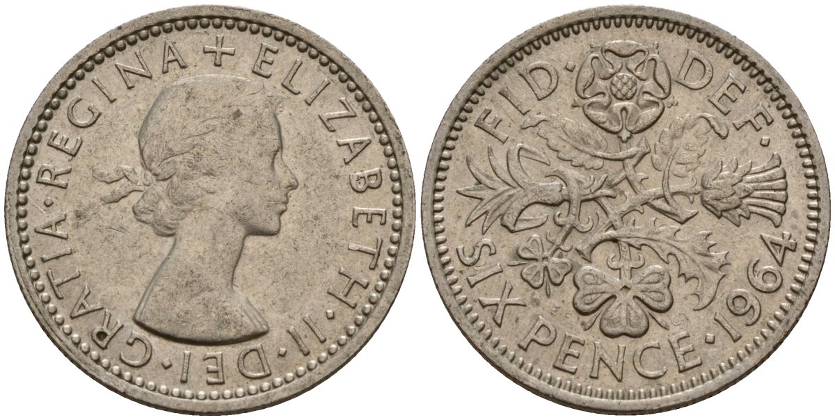 Великобритания 6 пенсов 1964 Елизавета II (1952-2022) KM 903, Spink 4149 медно-никель 4158-662