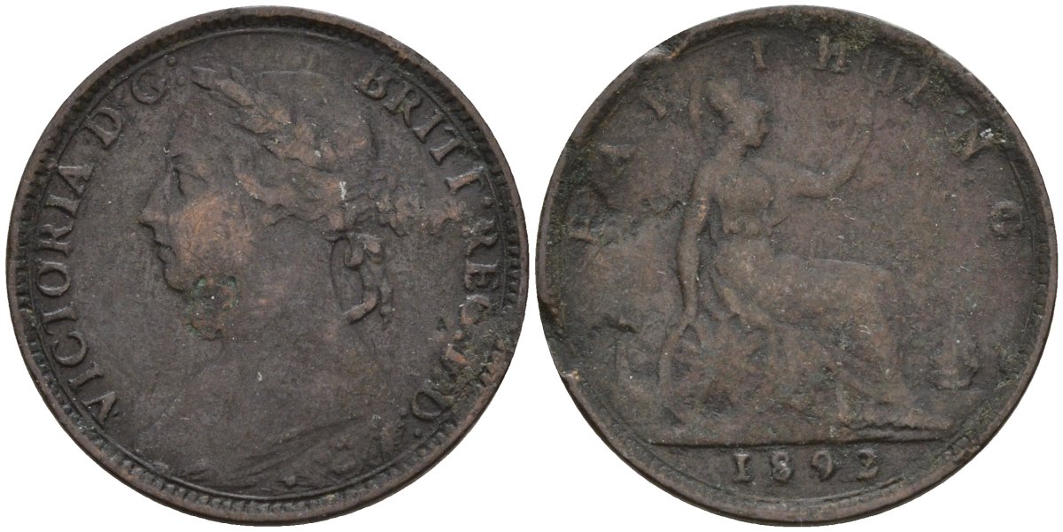 Великобритания 1 фартинг 1892 Виктория (1837-1901) KM 753, Spink 3958 бронза 4596-1014