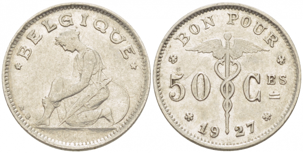БЕЛЬГИЯ 50 САНТИМОВ 1927 BELGIQUE KM 87 никель 261-1617