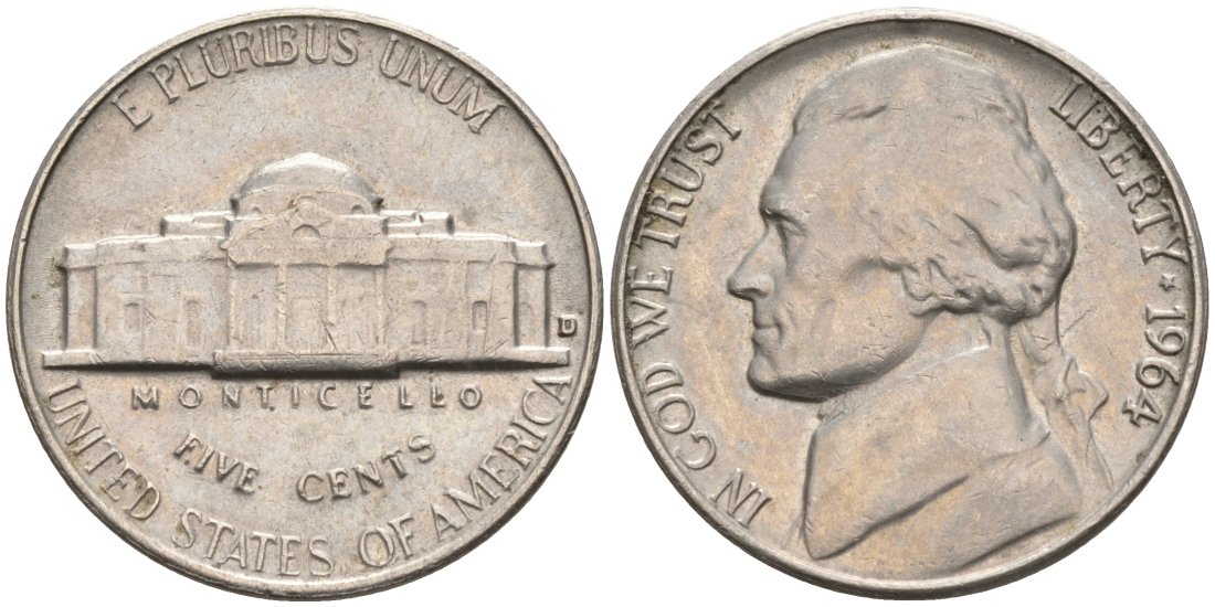 США 5 центов 1964 D, Джефферсон KM А192 медно-никель 92-1121