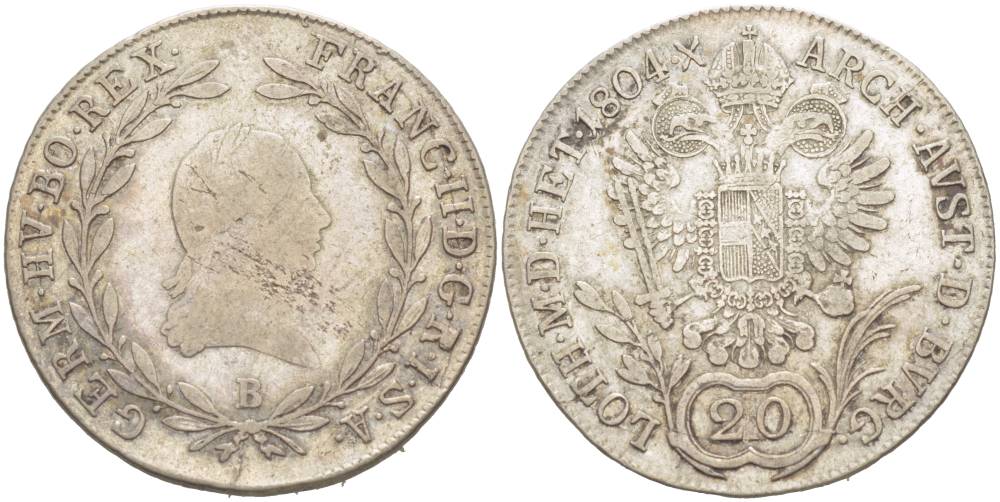 АВСТРИЯ 20 КРЕЙЦЕРОВ 1804 B, ФРАНЦ II (1792-1835) KM 2139, Jaeger/Jaeckel 107, Herinek 640 серебро 4548-931