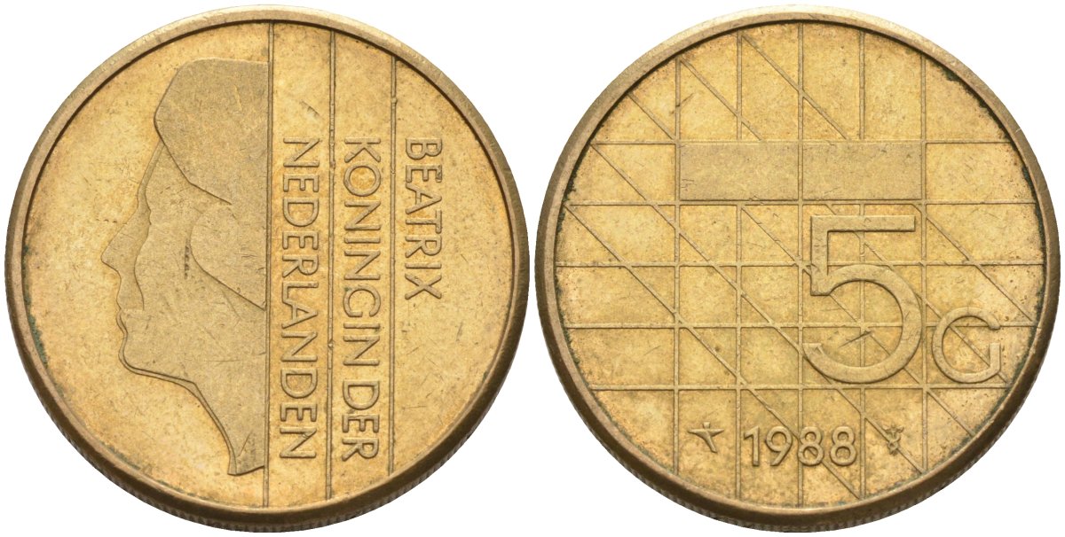 Нидерланды 5 гульденов 1988 Беатрикс (1980-2001) KM 210 никель плакированный бронзой 4579-835