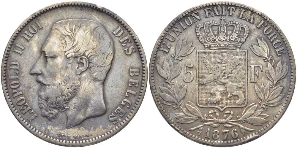 Бельгия 5 франков 1876 Леопольд II (1865-1909) KM 24 серебро 5010-1021