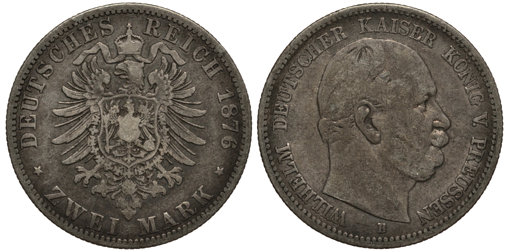 Пруссия 2 марки 1876 B, Вильгельм I (1861-1888) Weege 96, J. 96, KM 506 серебро 3711-643