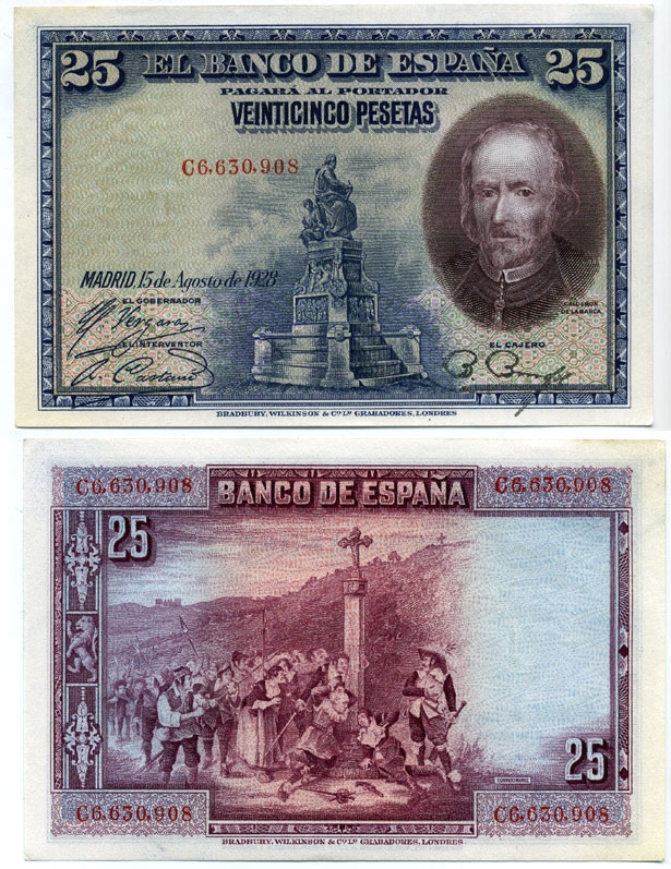 Испания 25 песет 1928 серия С 6630908, Педро Кальдерон де ля Барка Pick 74 b бумага aUNC 6279-6-1-1