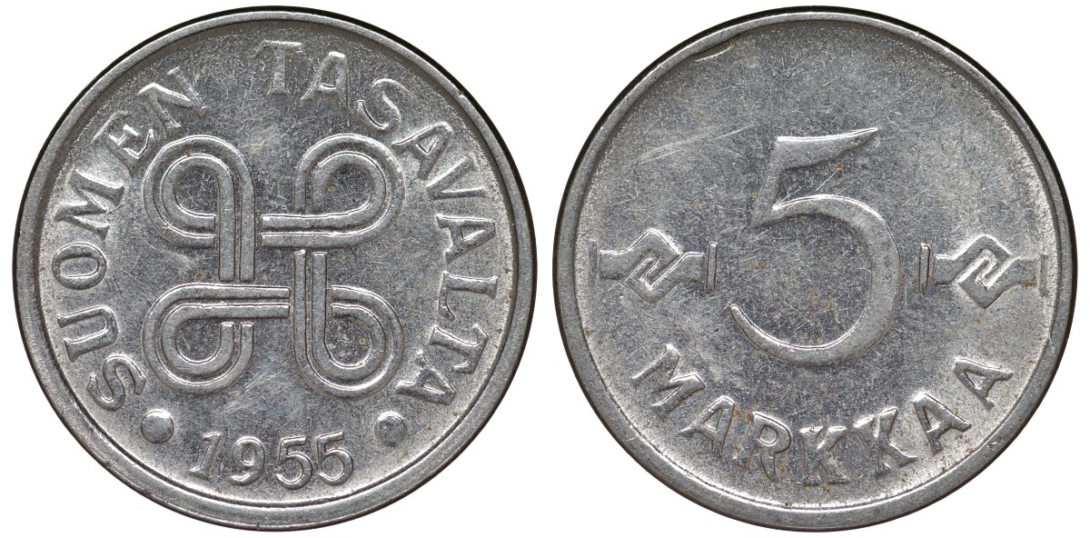 Финляндия 5 марок 1955 KM 37a никелированное железо 4164-221