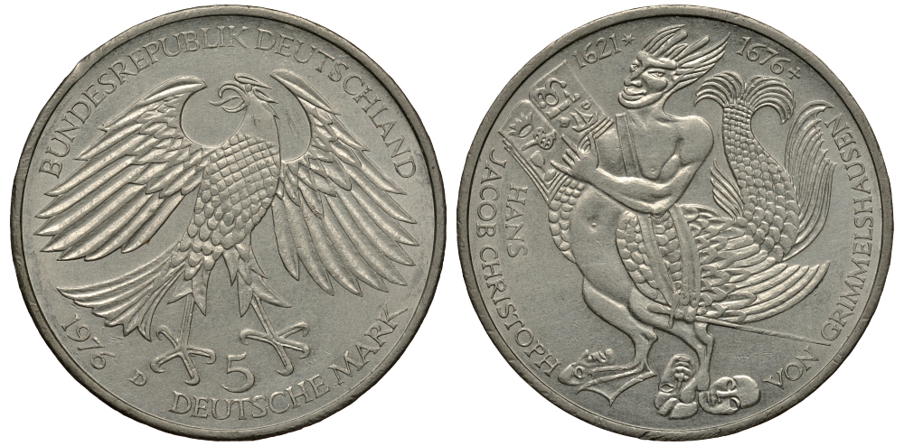 ФРГ 5 марок 1976 D, 300 лет со дня смерти Ганса Якоба Кристоффеля фон Гриммельсгаузена (1622-1676) KM 144, J. 419 серебро 180-1026