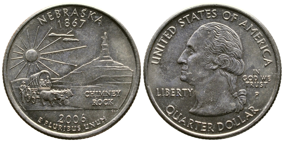 США 25 центов (квотер) 2006 Р, серия штаты США, Небраска KM 383 медь плакированная медно-никелем 56-415