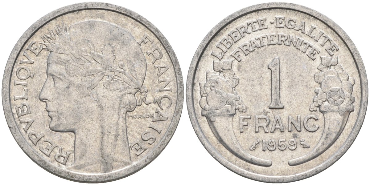 Франция 1 франк 1959 тип Lourde KM 885а, Le Franc 221.23 алюминий 4126-913