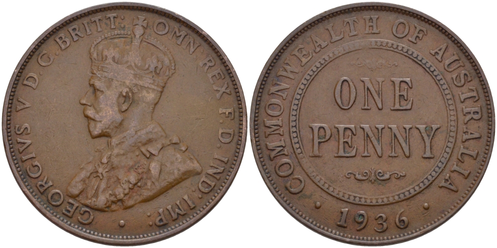 АВСТРАЛИЯ 1 ПЕННИ 1936 ГЕОРГ V (1910-1936) KM 23 бронза 82-736