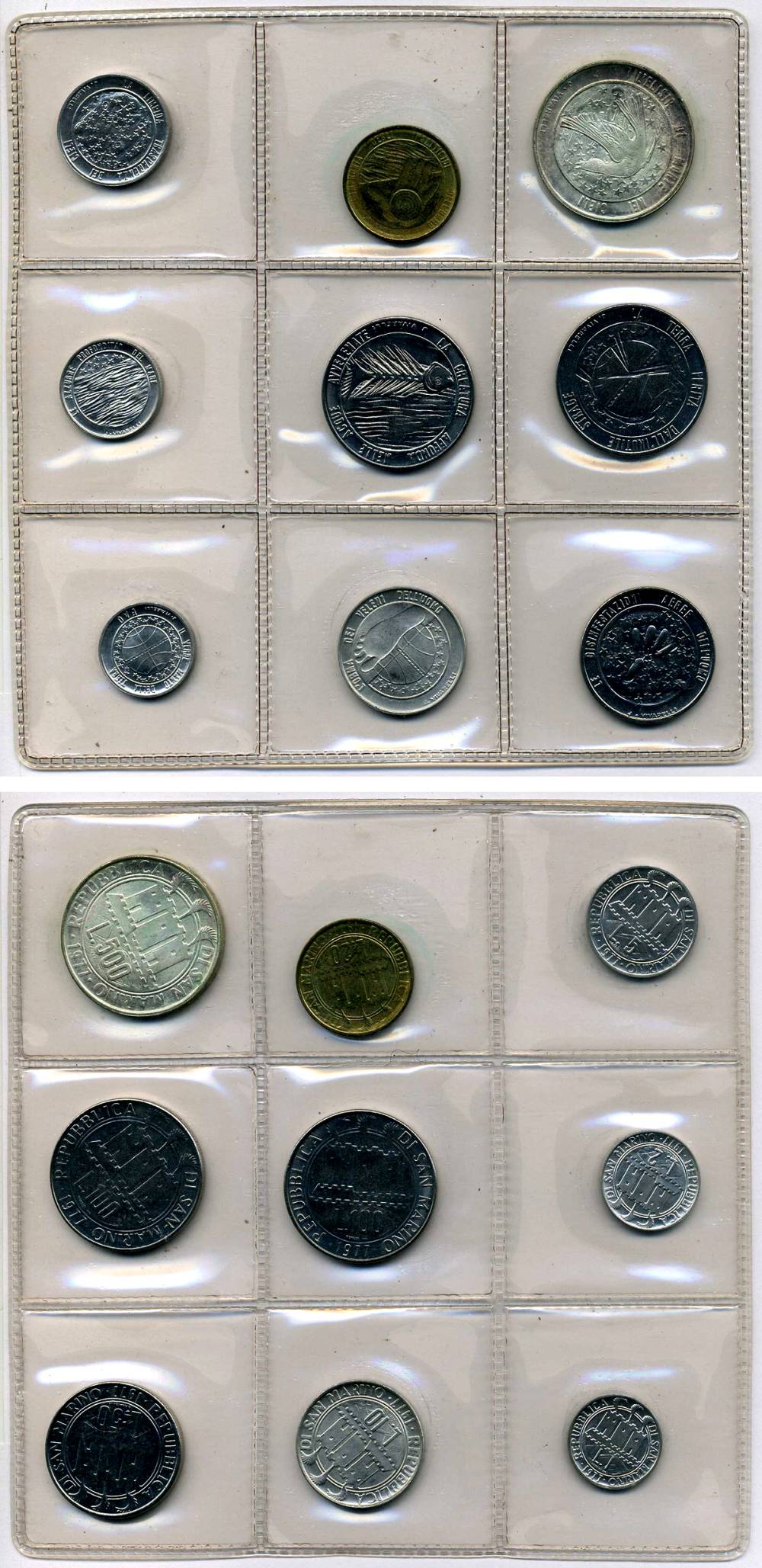 Сан-Марино набор из 9 монет 1977 1, 2, 5, 10, 20, 50, 100, 100 и 500 лир стилизованная перевернутая вверх ногами птица над звездами в круге KM 63-71, в оригинальной пластиковой запайке KM MS10 серебро UNC  7-6-1-16