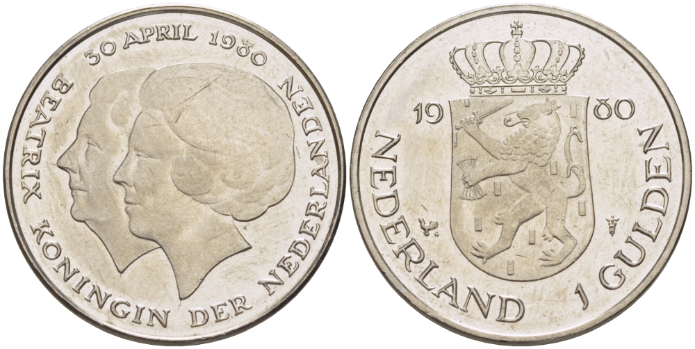 Нидерланды 1 гульден 1980 на коронацию Беатрикс, 30 апреля 1980 KM 200 никель 31-841