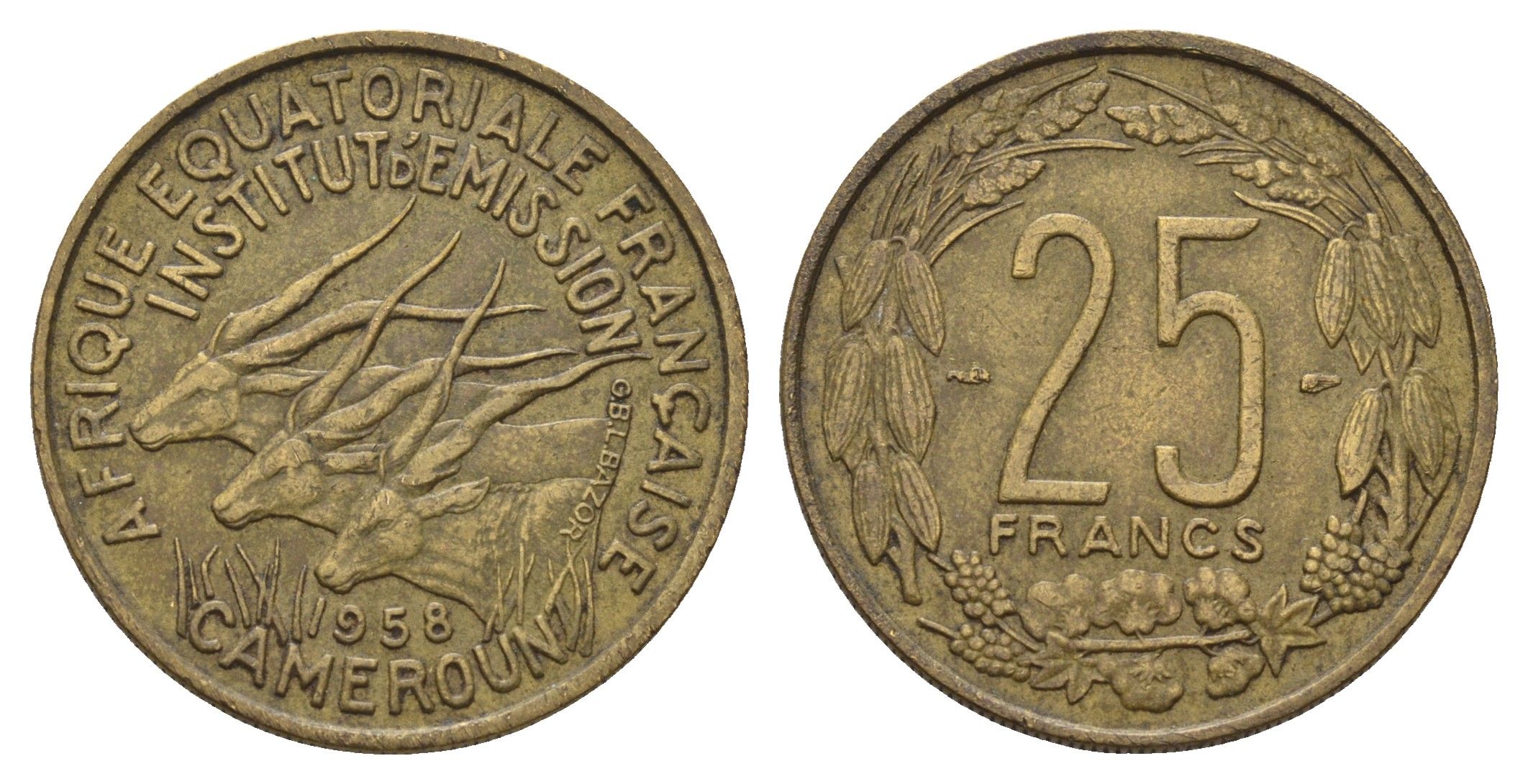 Французская Экваториальная Африка, Камерун 25 франков 1958 год-тип KM 12 алюминиевая бронза 4678-1043
