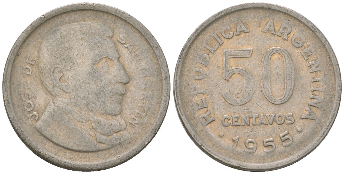 Аргентина 50 сентаво 1955 генерал Хосе де Сан Мартин KM?49, CJ?226, Schon?52 сталь плакированная никелем 4513-1012